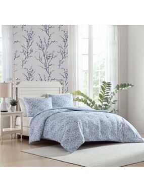 Laura Ashley ~ TWIN Quartet Blue & White Floral Comforter Set 100% Soft Cotton